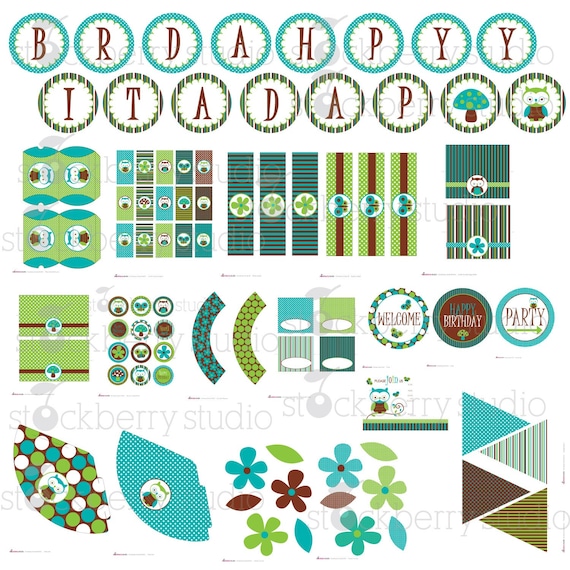 Blue and Green Owl Party Kit Printable PDF