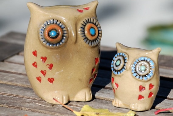 owls home decor with hearts  handmade pottery