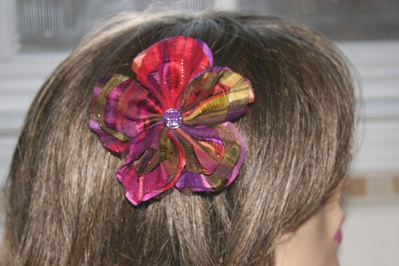 SALE Red, green and purple organza flower hair clip - Free Shipping