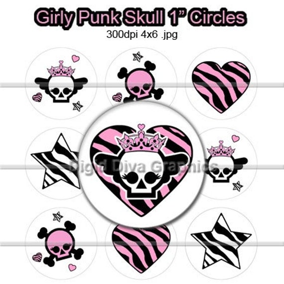 Girly Punk Skull Bottle Cap 1 Circles Images Digi Zebra Heart Star NO111