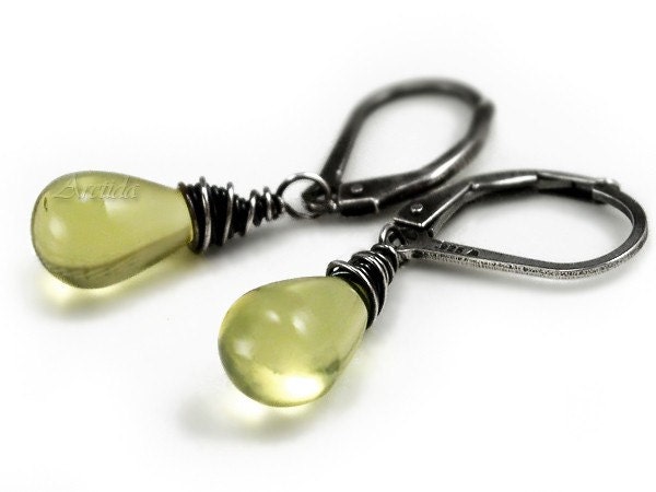 Rustic earrings Lemon Quartz earrings oxidized blackened sterling silver - Women autumn fall fashion yellow lime green jewel stones - Eliza