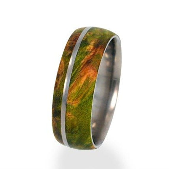 Mens and Womens Titanium Wedding Rings inlaid with Green Box Elder Burl Wood