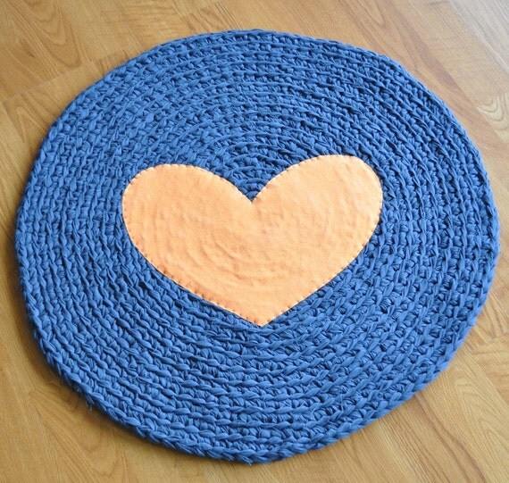 Rug by EKRA Round Orange Heart Charcoal Gray Crochet Upcycled Area