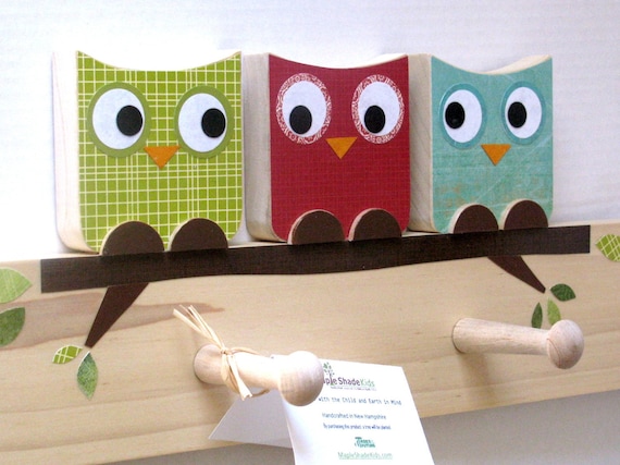 Owl Friends Peg Rack - Green, Red and Turquoise - eco-friendly by Maple Shade Kids