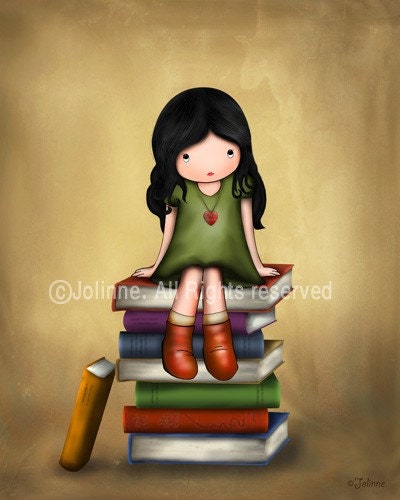 Children wall art room decor, kids reading room wall hanging, girls art, girl sitting on books