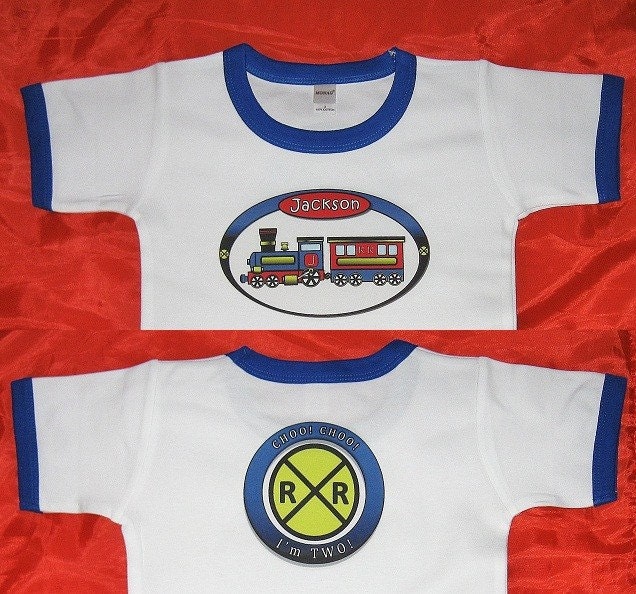 Train Birthday Shirt Personalized. Child's Age or initial on Side of Train. Railroad Crossing Sign on Back.  Can Customize