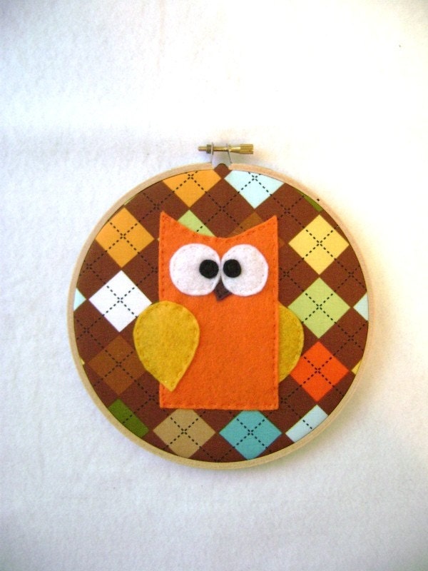 Fabric Wall Art - Sheldon the Orange Owl - Earth Tones Argyle