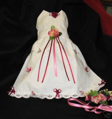 White Eyelet Elegance Dog Dress Mauve/Burgundy Floral Satin
