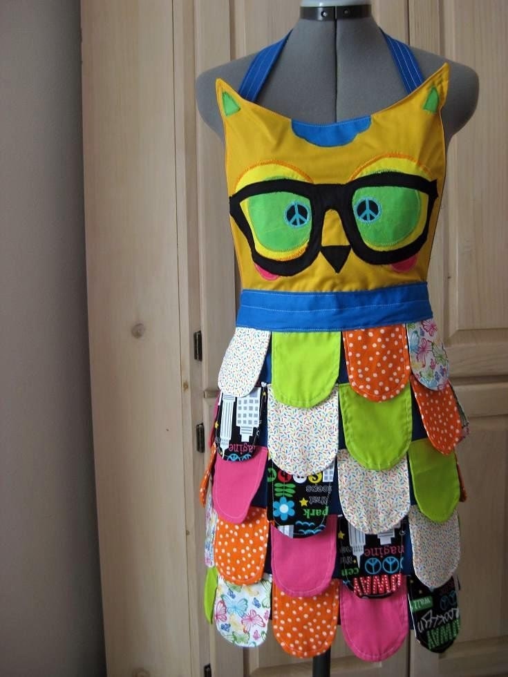 NErDY // NEON BLUE Rainbow Owl Apron// Neon Kitchen Accessory