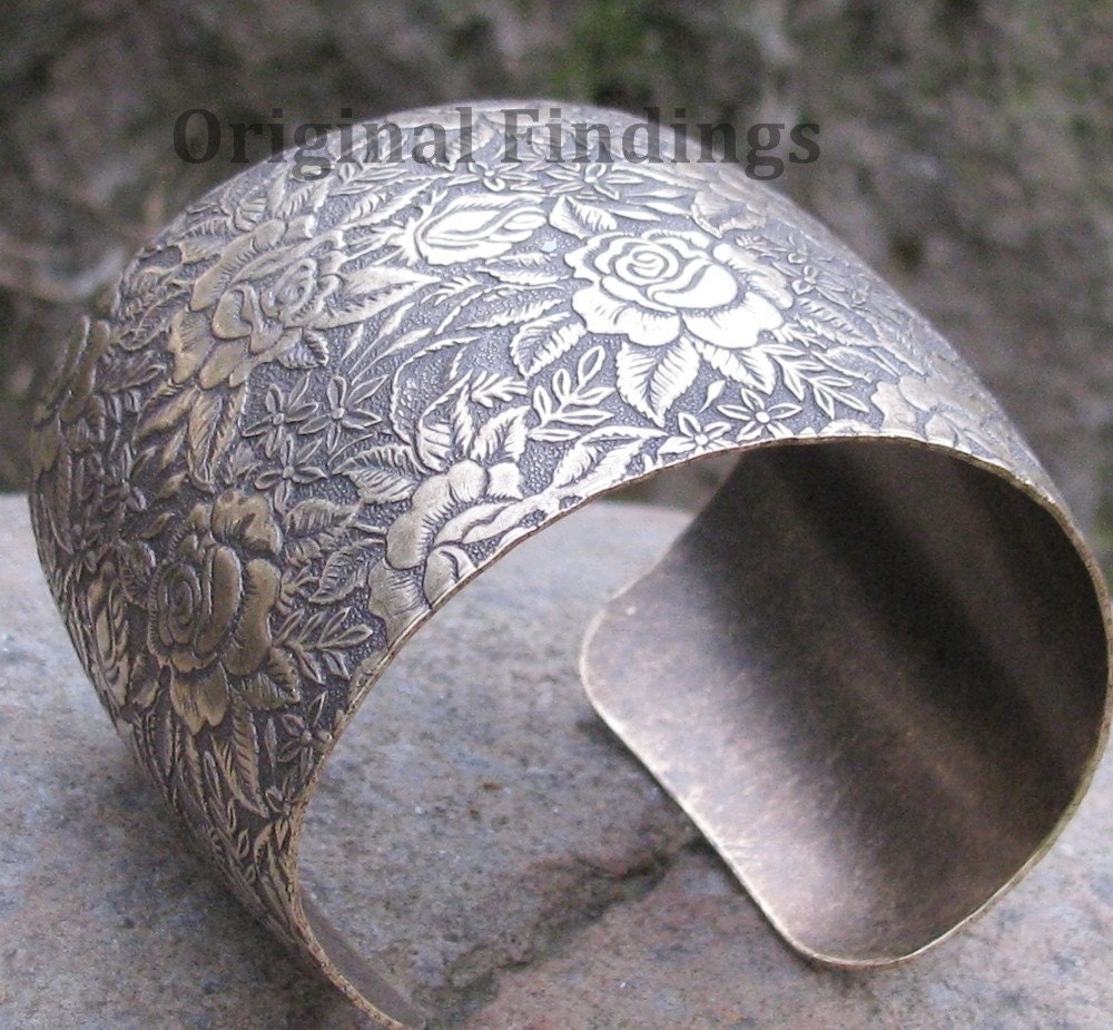 1 Etched Rose flower Antiqued Brass 2 inch cuff 1227