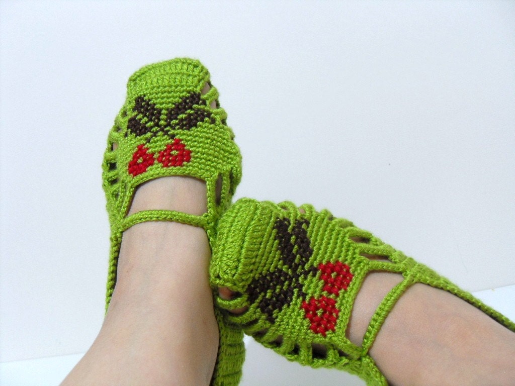 زمستان مد Crocheted صفحه اصلی دمپایی دست دوزی گیلاس - پسته سبز سنتی TeamT طراحی ترکیه
