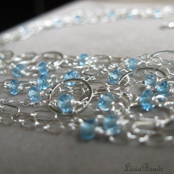 Blue topaz and sterling silver chain layered necklace with matching long dangle earrings