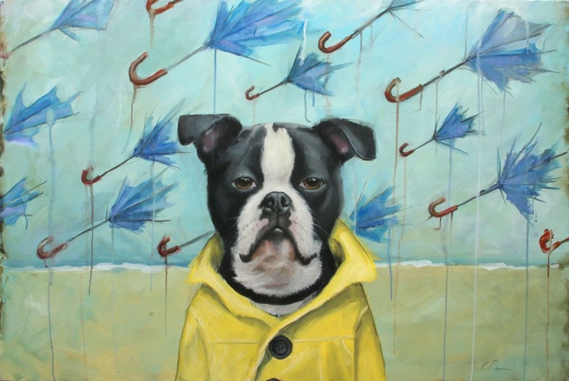 Black and White, Boxer, Boston Terrier Dog in Raincoat on Beach, Raining Umbrellas, Signed Small Print  by Painter, Clair Hartmann