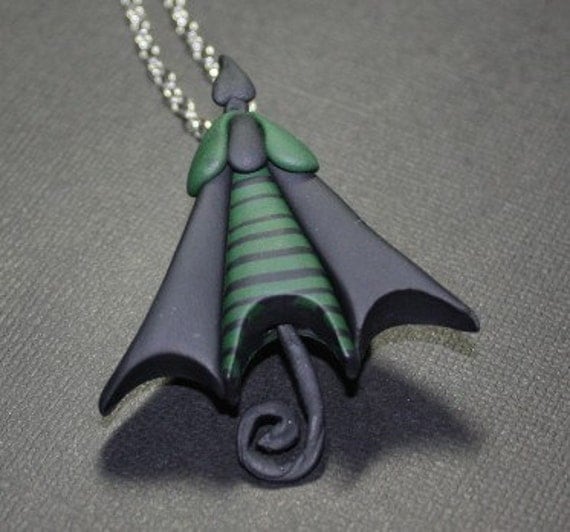 Macabre Green and Black Polymer Clay Umbrella Brooch and necklace Free U S A Shipping