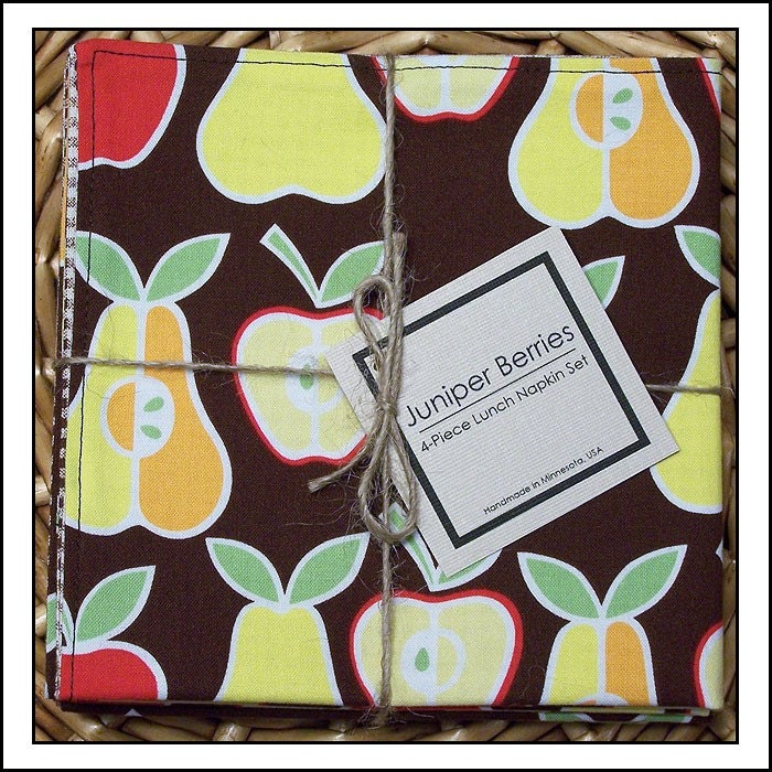 Red Apples and Yellow Pears on Brown Cloth Lunch Napkin Set