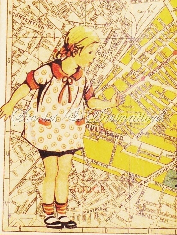 Children in Paris - 4 Assorted Collage Cards made with Vintage Maps of Paris