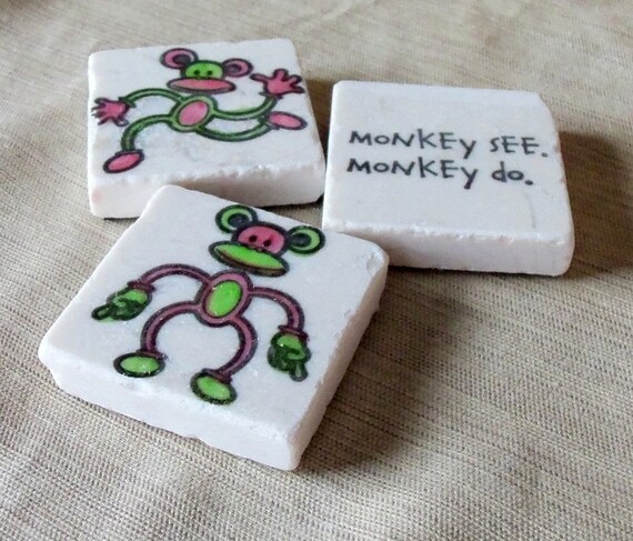 Sock Monkey Tile Magnets, Set of 3, Ready to Ship