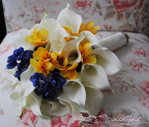 Yellow Cream Freesia and Calla Lily Silk Real Touch Bridal Bouquet