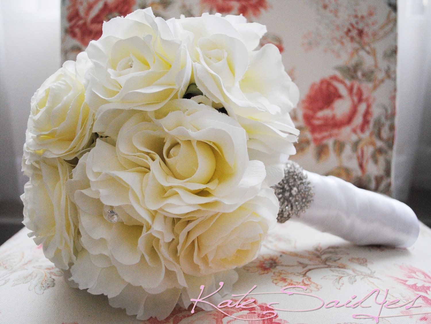 Silk Bridal Bouquet Ivory Rose Peony and Ranunculus Wedding Bouquet with 