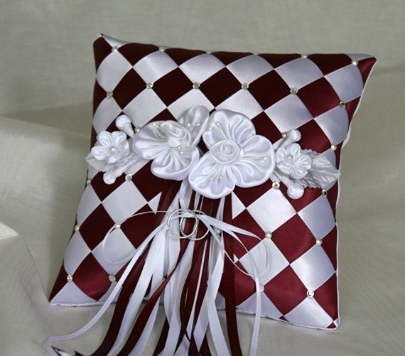 Wedding Ring Bearer Pillow Ribbon Weave with Swarovski Crystals and Satin 