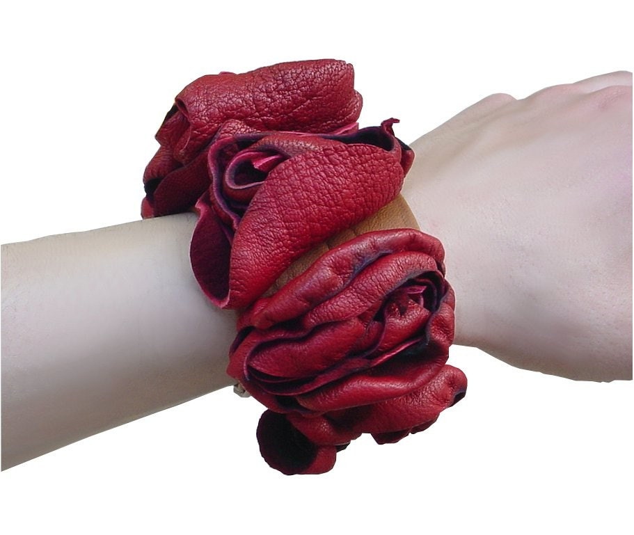 Luxurious Red Leather Flower Wrist Cuff  Scarlet & Amber Leather Cabbage Rose 1 in stock