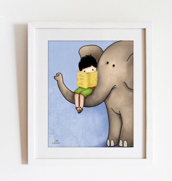 Boys room, elephant wall art, nursery room decor, kids art prints, blue print books reading art decor children housewares