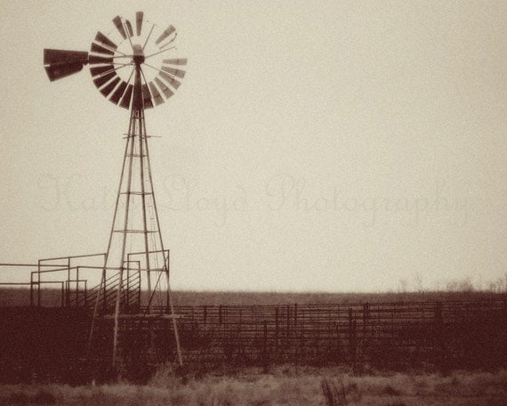 Kansas Windmill in the Flint Hills - 8x10 Fine Art Vintage Style Photography Print - Old Fashioned Sepia Photo of a Windmill in the Midwest