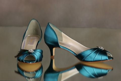 Peacock Teal 1 3 4 HeelSatin Shoes Embellished with Feathers and 