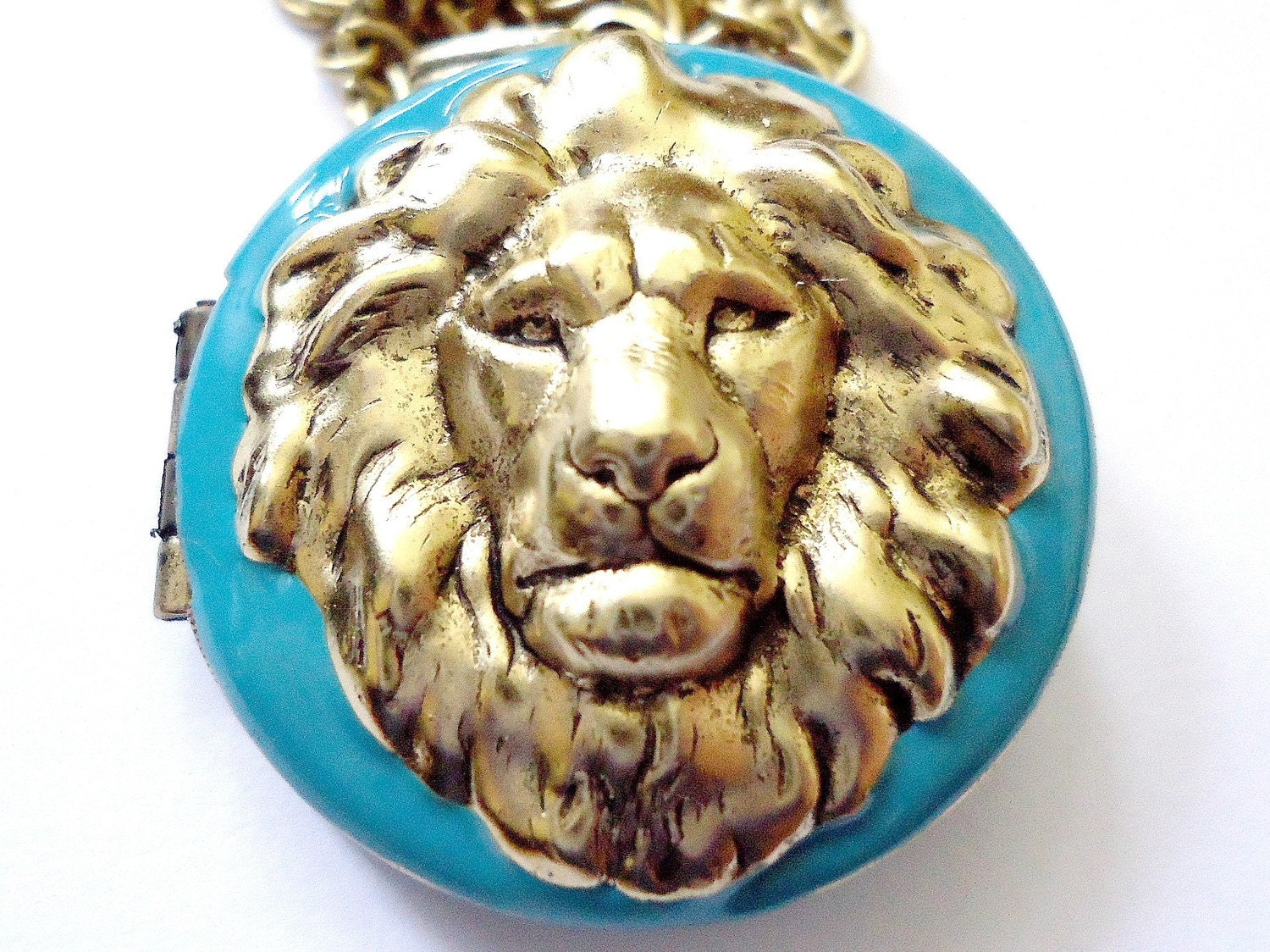 Turquoise Lion Necklace, Metal, Brass, Handmade by RotsinaCreations