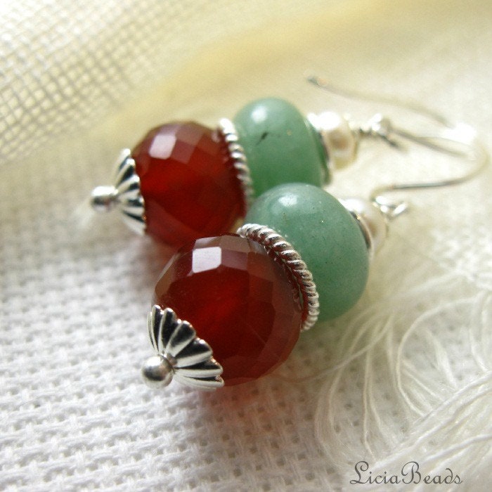 Carnelian, Aventurine and freshwater pearls on sterling earrings