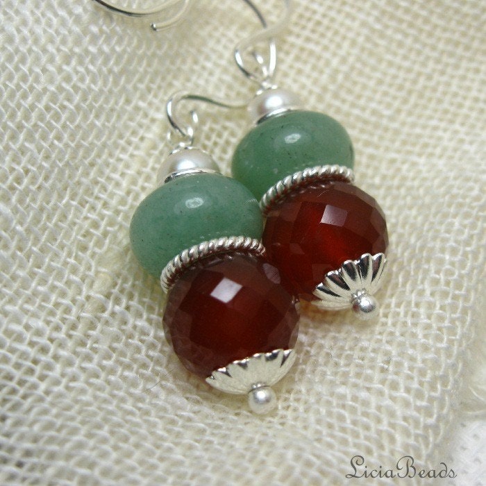 Carnelian, Aventurine and freshwater pearls on sterling earrings