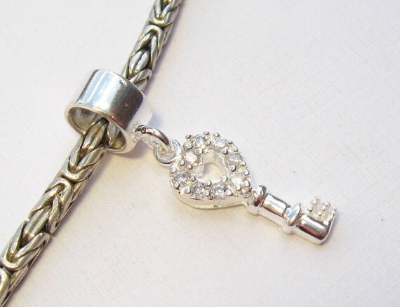 Sterling Silver Pandora Style Bead - Crystal Heart Shaped Key Charm