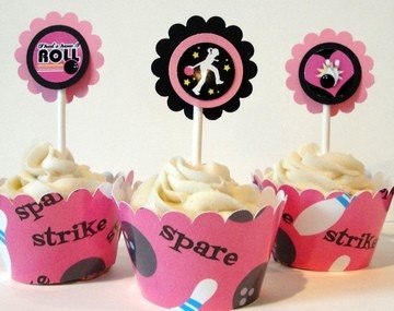 Pink Bowling cupcake Toppers