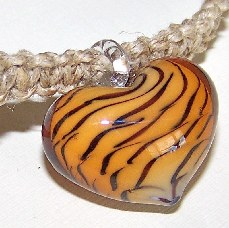 Tiger Striped Heart Pendant on  Hemp Choker - 35cm