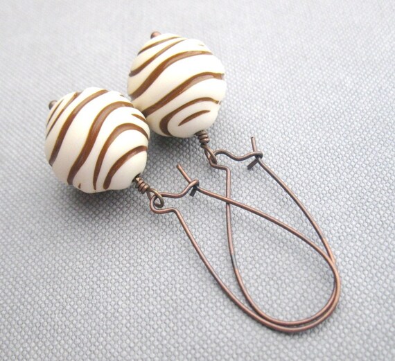 Chocolate Ripple Earrings - Cream & Brown Bead, Copper