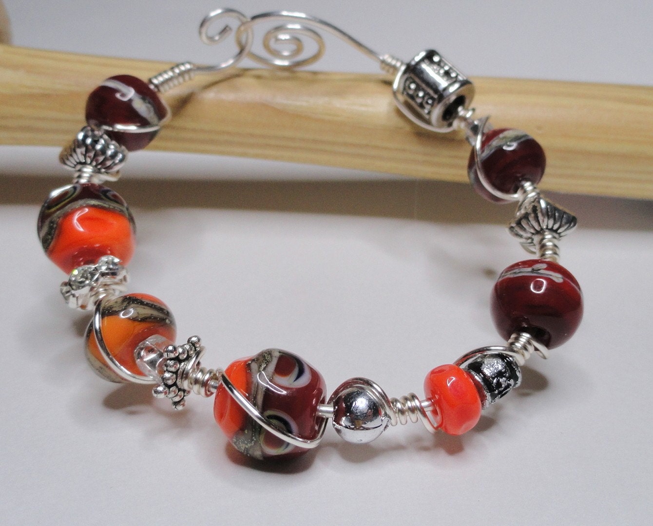 Turn Up The Heat Crimson Red Orange Bracelet Wire Wrapped Lampwork Bead