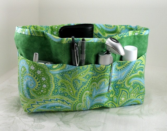 Purse Organizer Insert -Shades of Green Paisley Extra Large- Check out my shop for other sizes and fabrics