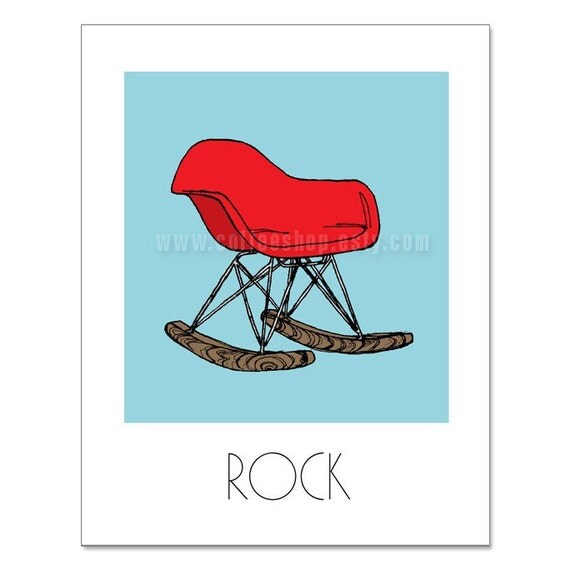 Rock 11x14 Print (Eames Chairs) (Modern Dwell Style) (Background color Sky Blue, Red Rocker)  (Buy 3 Get One Free)