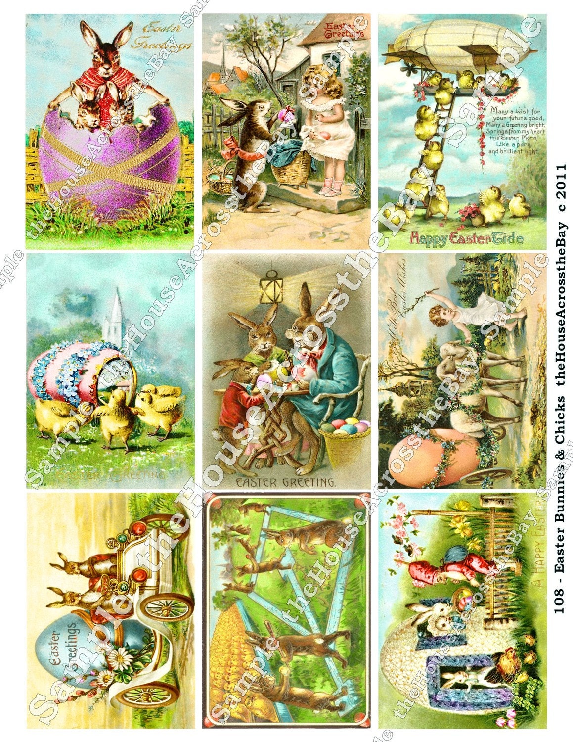 Easter Bunnies Chicks ATC Digital Collage ACEO Digital Collage Rabbits Easter Eggs Vintage Postcards Background Ephemera Tags 108