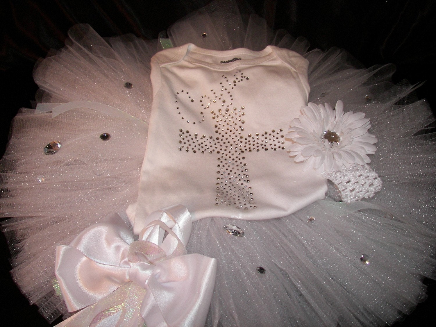 Shimmery White Baptismal Tutu Set--Perfect for parties, princesses, Lots of BLING--
