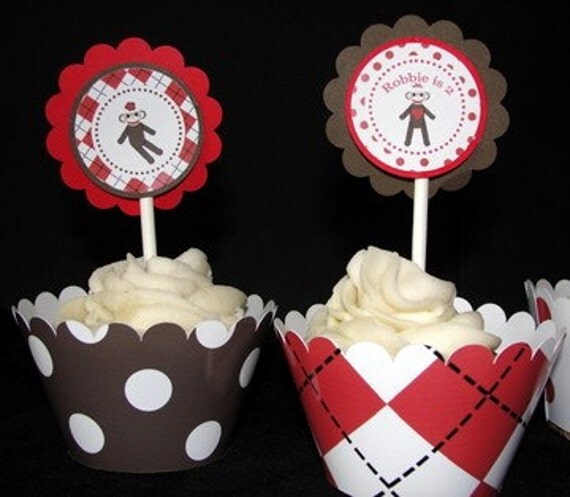 Personalized Boy Sock Monkey Birthday Party Cupcake Toppers