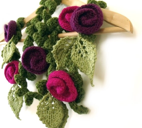 Crochet knit felt scarf lariat freeform knit felt roses raspberry red purple green "Passion Fruit" MADE to ORDER