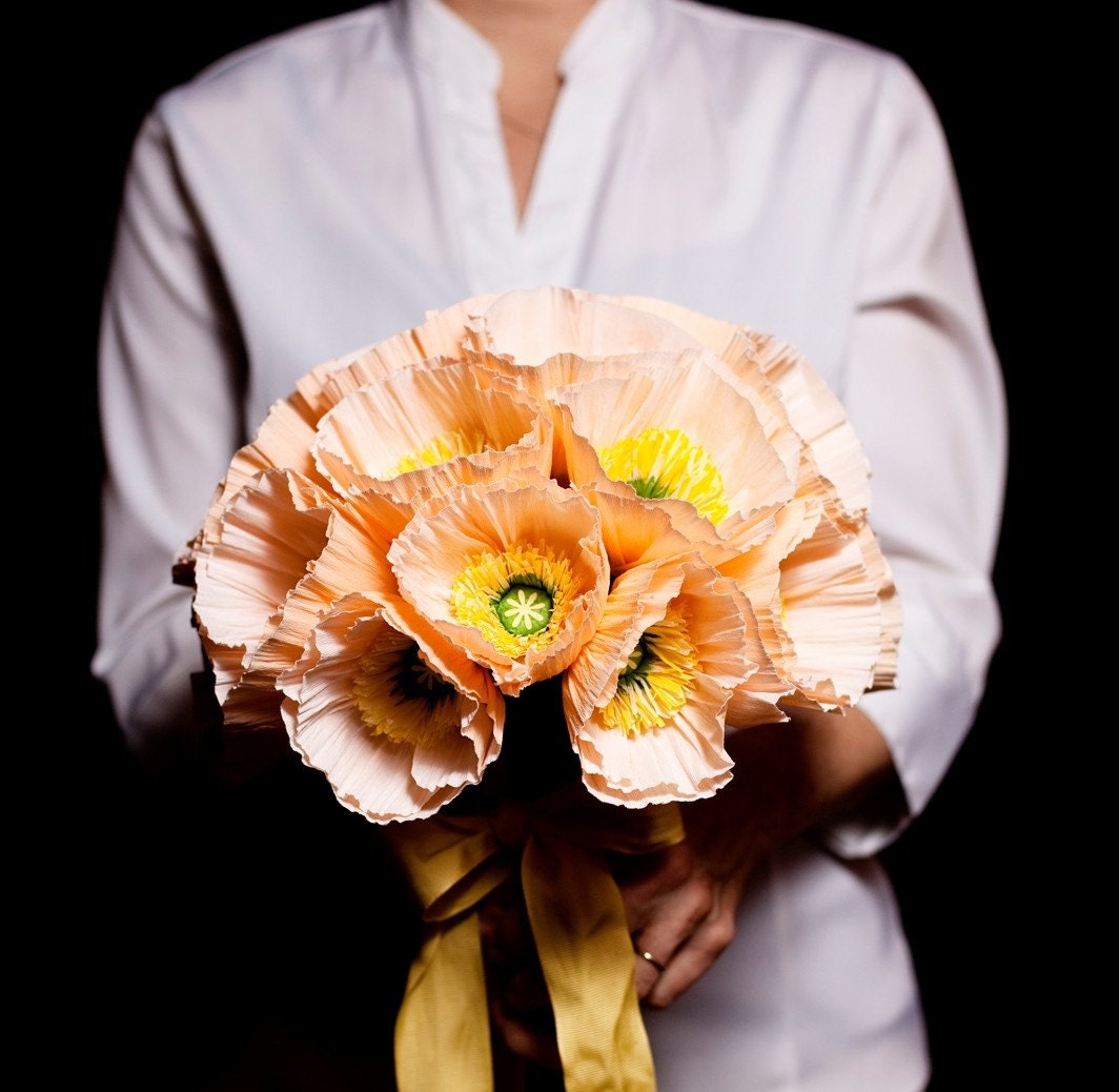 CUSTOM paper flower wedding bouquet - as seen in BRIDES mag - iceland poppies, hand-tinted