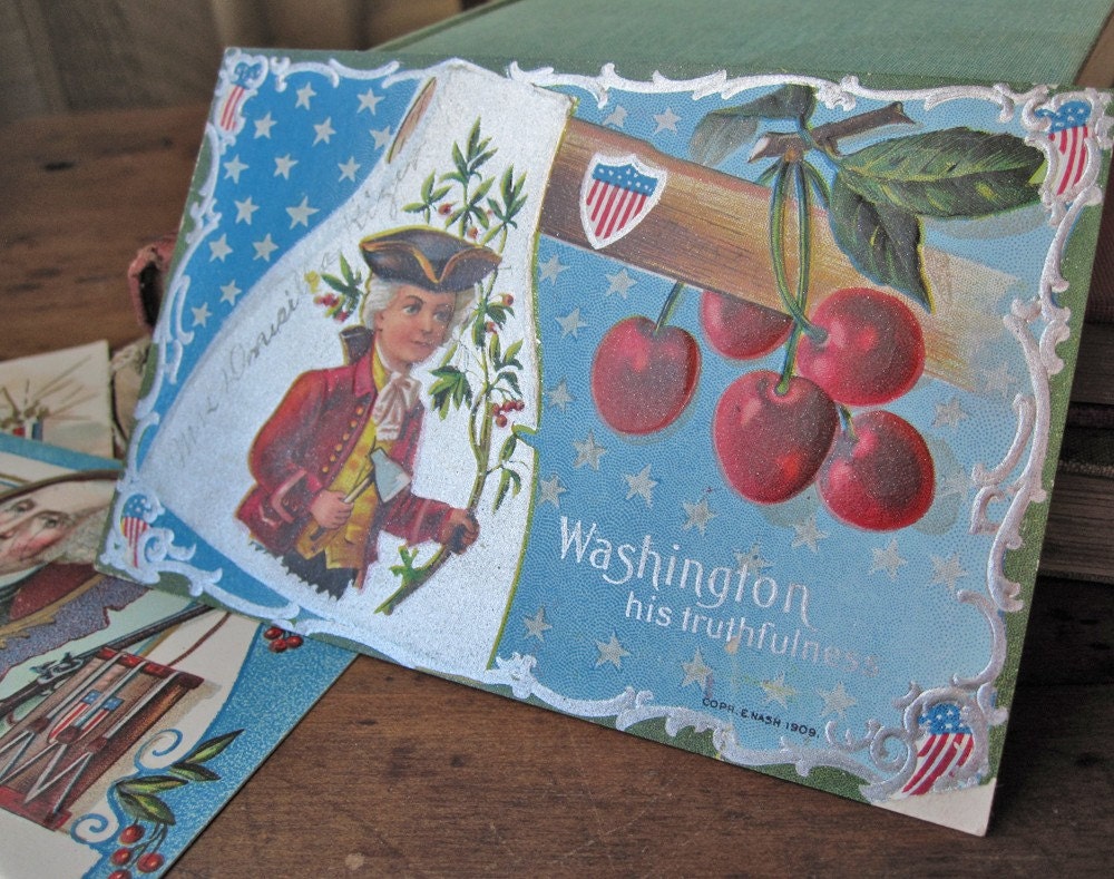 Antique postcard, George Washington's birthday, E. Nash, "His Truthfulness," vintage 1909, red cherries, hatchet, metallic silver