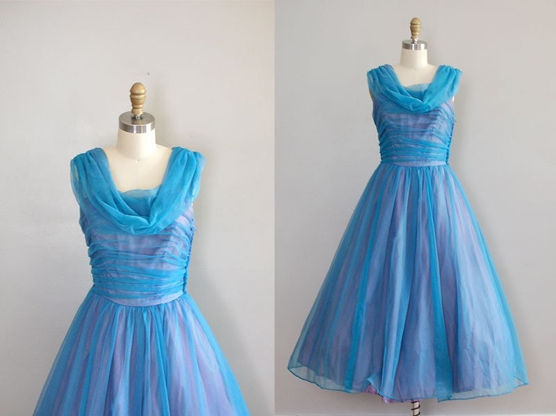 1950s chiffon dress / 50s party dress / Breathless Blue
