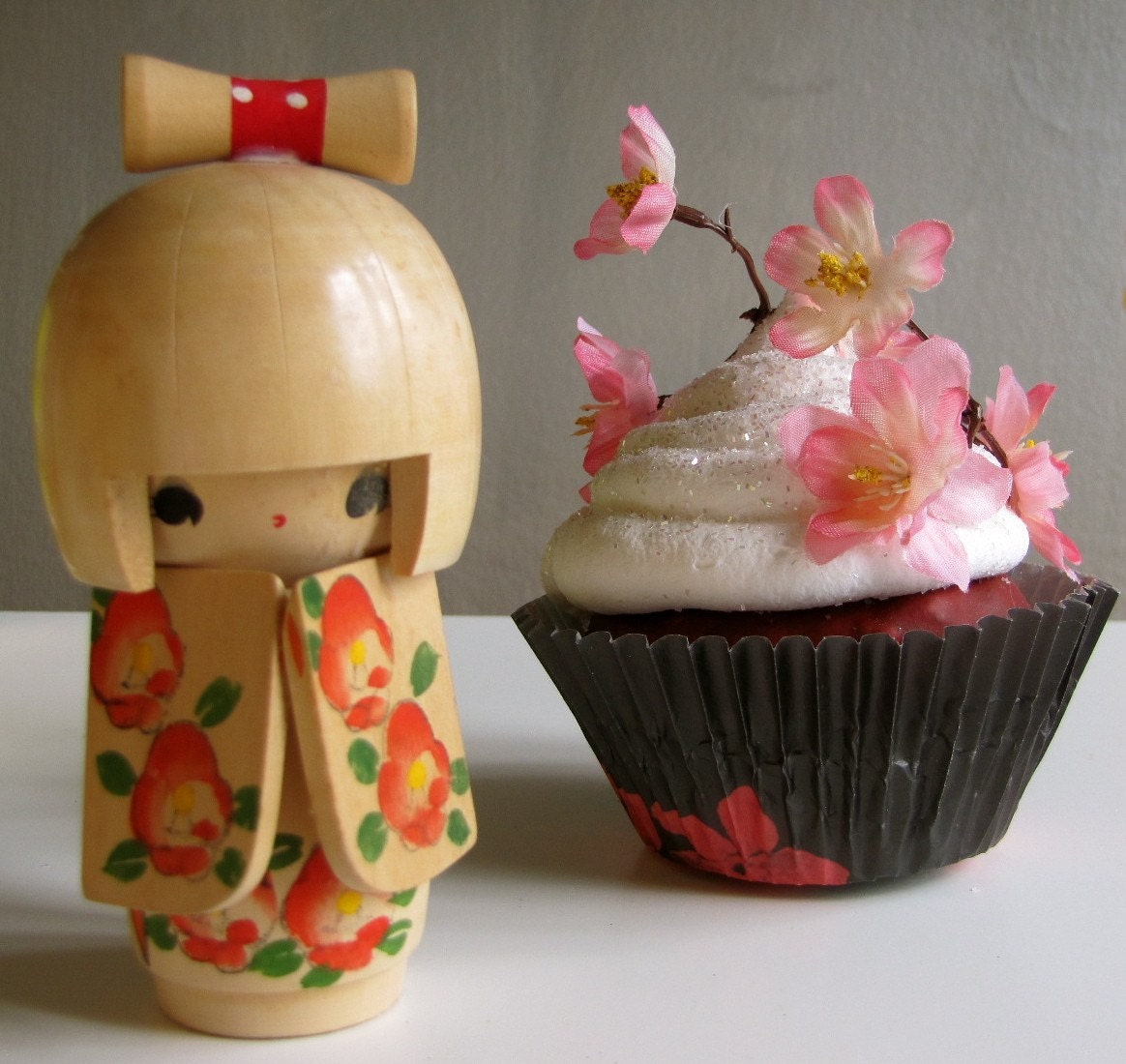 Fake Cupcake Pink Cherry Blossom Asian Inspired Red Velvet King Size Cupcake Can Be Entree/Photo/Business Card Holder
