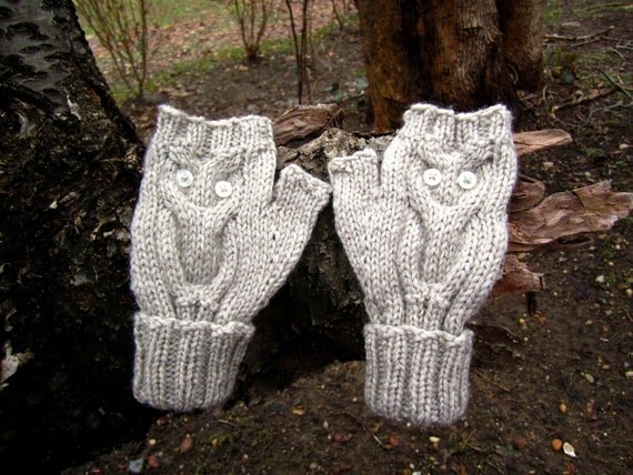 Give A Hoot, wool fingerless mittens