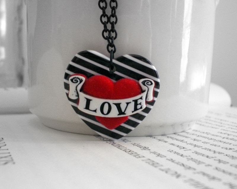 Tattoo Inspired Necklace. Love heart. Black and White. Retro Style.