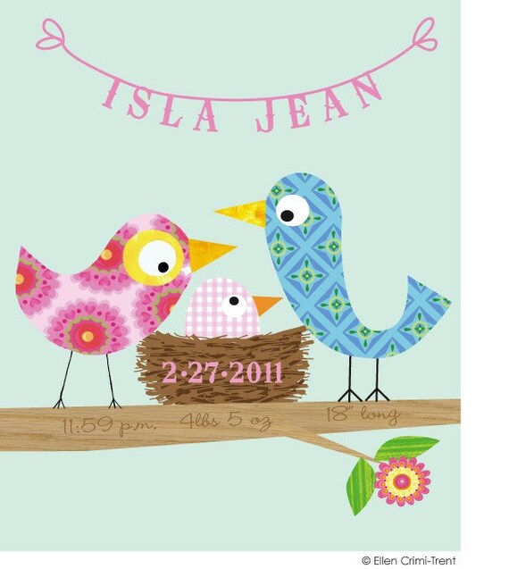 Personalized Welcome Baby Girl Bird Print