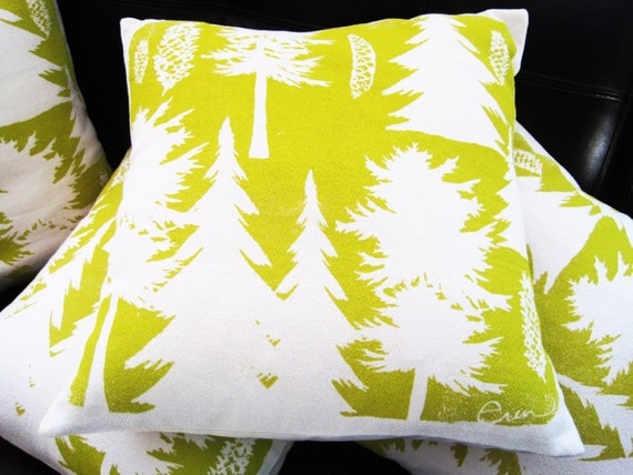 Pillow, Yellow, Tree, PIne Cone, Hand screened on Cotton Bark Cloth